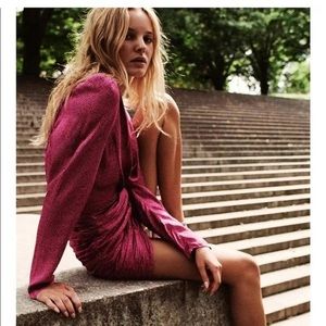 Zara ruched satin effect long sleeve Vneck mini dress w/‎ black polka dot detail